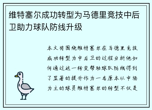 维特塞尔成功转型为马德里竞技中后卫助力球队防线升级